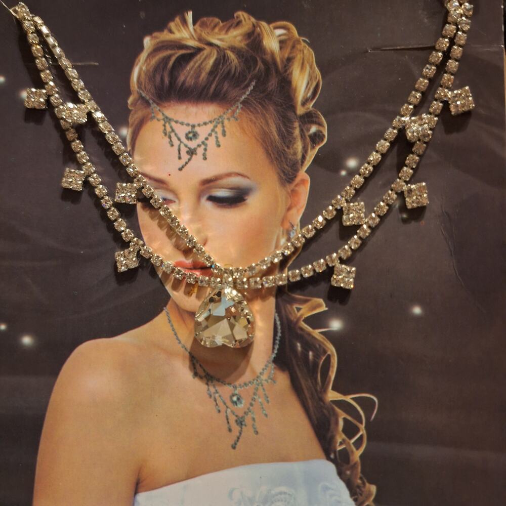 Clear Rhinestone Head Chain Silver Tone Boho Bridal Prom